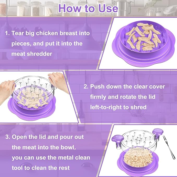 SURETIVIAN Chicken Shredder Large Chicken Breast Shredder Tool Twist with Brush&Fork, Visible Meat Shredder Machine, Anti-Slip Strip, Ergonomic Handle, BPA Free, Suitable for Pork Beef Chicken(Purple)