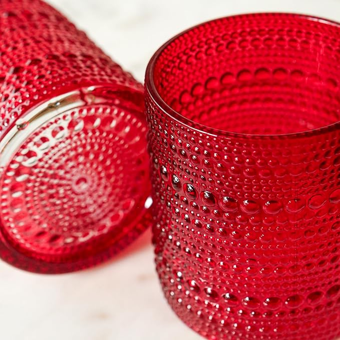 Kate Aspen Retro Arch Floral Red Drinking Glasses Set of 6, 10 oz Vintage Ribbed Glass Cups, Christmas Glassware & Holiday Drinkware, Valentine’s Day & Holiday Hostess Gift
