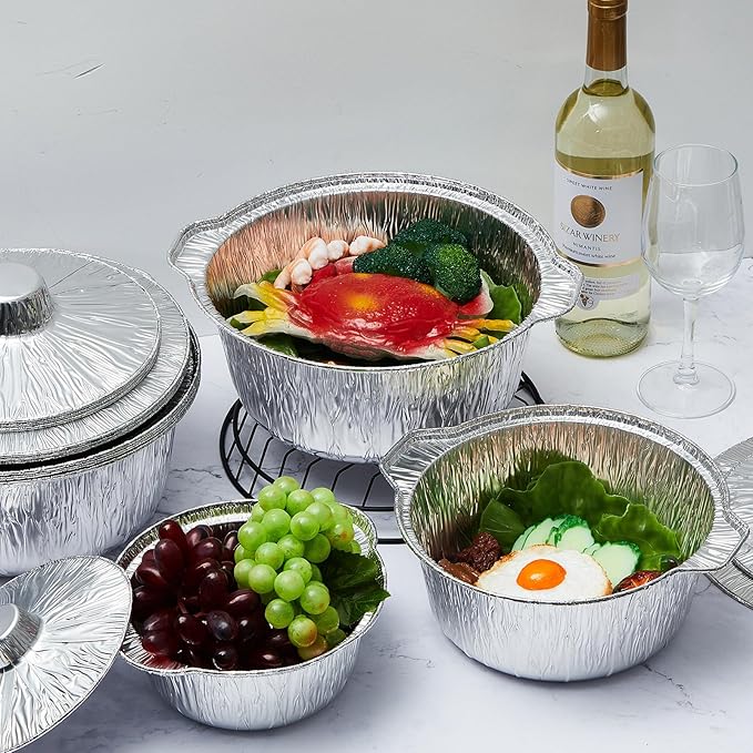 Ziliny 24 Pcs Disposable Aluminum Pot with Lid Round Foil Pans Disposable Cookware Food Container for Vacation Trips Camping Baking Heating Cooking (33.8,67.6,121.7 oz)