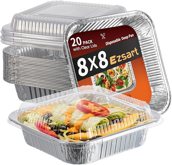 8x8 Aluminum Pans with Clear Lids - 20 Pack Disposable Baking Pans, Tin Foil Trays for Baking Cake, Cooking, Heating, Storing and Prepping Food