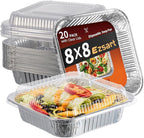 8x8 Aluminum Pans with Clear Lids - 20 Pack Disposable Baking Pans, Tin Foil Trays for Baking Cake, Cooking, Heating, Storing and Prepping Food