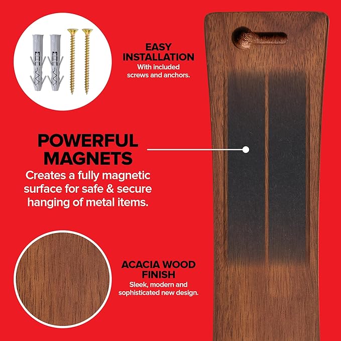 10 Inch Acacia Wood Magnetic Knife Holder with Multipurpose Use, Magnetic Knife Holders for Kitchen, Wooden Knife Rack, Magnet Strips for Knives & Metal Utensils, Tool Holder, Art Supply Organizer