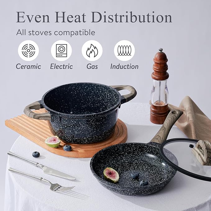 Pots and Pans Set Non Stick Non-Toxic 22 Pcs Ceramic Cookware Sets Nonstick Kitchen Pot&Pan With Lid Black Granite Induction Compatible with Glass Lids Crepe Frying Pan PFOA/PFOS-Free