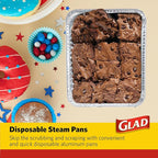 Glad Disposable Aluminum All Purpose Pans in Red, White & Blue Stars, 3ct with Lids - Printed Colorful Foil Steam Pans - 12.5” x 10.2” x 2.16” Aluminum Pan - Disposable Steamware