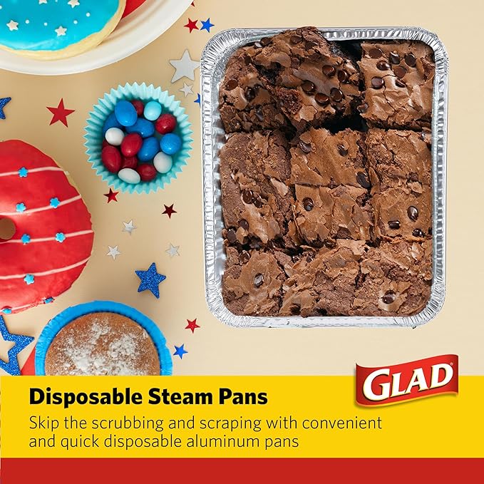 Glad Disposable Aluminum All Purpose Pans in Red, White & Blue Stars, 3ct with Lids - Printed Colorful Foil Steam Pans - 12.5” x 10.2” x 2.16” Aluminum Pan - Disposable Steamware