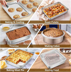 P&P CHEF Stainless Steel Bakeware Set, 12-Piece Kitchen Baking Pans Set, Baking Sheet with Rack, Square Cake Pan with Lid, Lasagna Pan, Loaf Pan, Muffin Pan, Pizza Tray & 2 Covers, Easily Clean