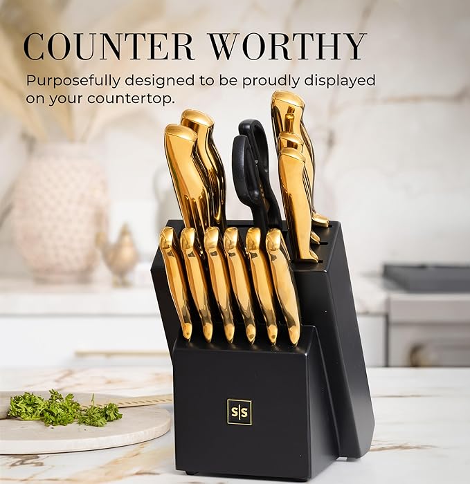 Styled Settings Gold Knife Set with Block & Built-In Sharpener – 14-Piece Full Tang Kitchen Knives Set – Gold Knives Set with Self-Sharpening Block, Titanium Knife Set with Black Block