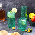 Loivttvv Glassware Drinking Glasses Set of 8, 14 oz Highball Glasses & 10 oz Ribbed Glass Cups, Vintage Glassware for Water, Juice, Cocktail, Whiskey (Atroviens)