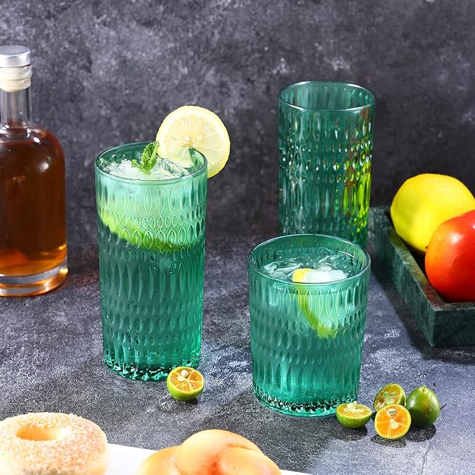 Loivttvv Glassware Drinking Glasses Set of 8, 14 oz Highball Glasses & 10 oz Ribbed Glass Cups, Vintage Glassware for Water, Juice, Cocktail, Whiskey (Atroviens)