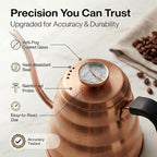 Barista Warrior Gooseneck Kettle with Built-In Thermometer for Pour Over Coffee & Tea - 1L Stainless Steel Kettle Stovetop Safe with Precision Spout - Copper Coated Stainless Steel
