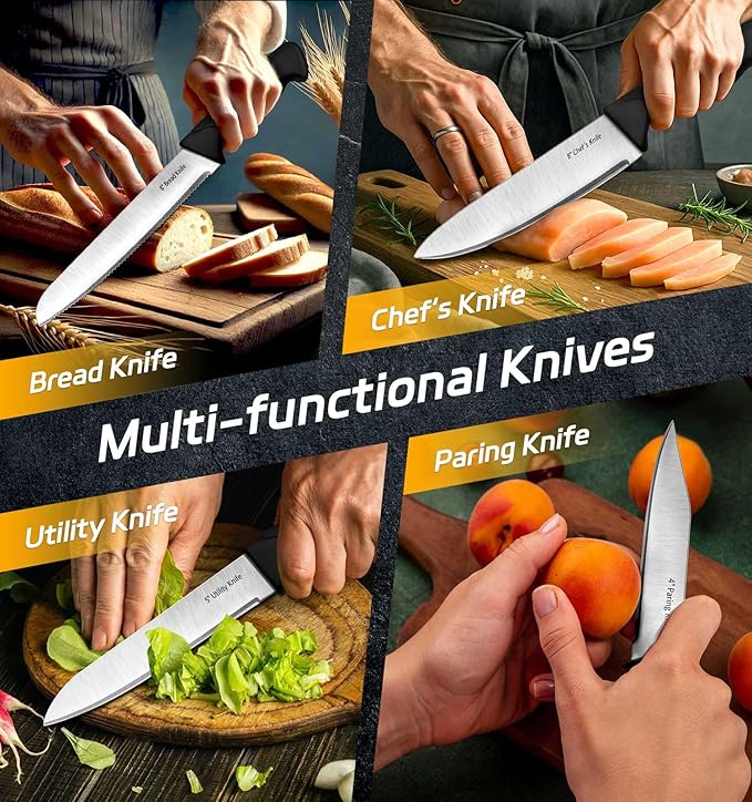 Knife Set, 6-Piece Kitchen Knife Set, German High Carbon Stainless Steel, Durable & Easy Clean Knife Block, Black