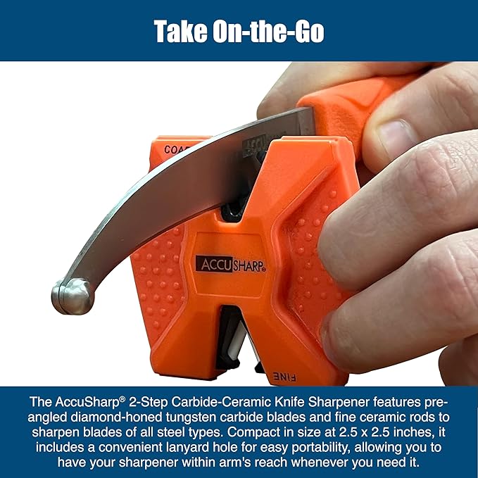 AccuSharp Pull Through Knife Sharpener Keychain, 2-Stage Sharpener for Straight or Serrated Kitchen Knives, Handheld Tool for Fishing & Hunting, Orange
