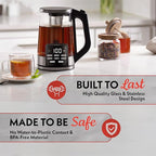 Gourmia Electric Glass Kettle – 1.7L Programmable Tea & Coffee Brewer with Digital Touch Display, 6 Presets, Removable Stainless Steel Infuser, Cordless with 360° Swivel Base, Black