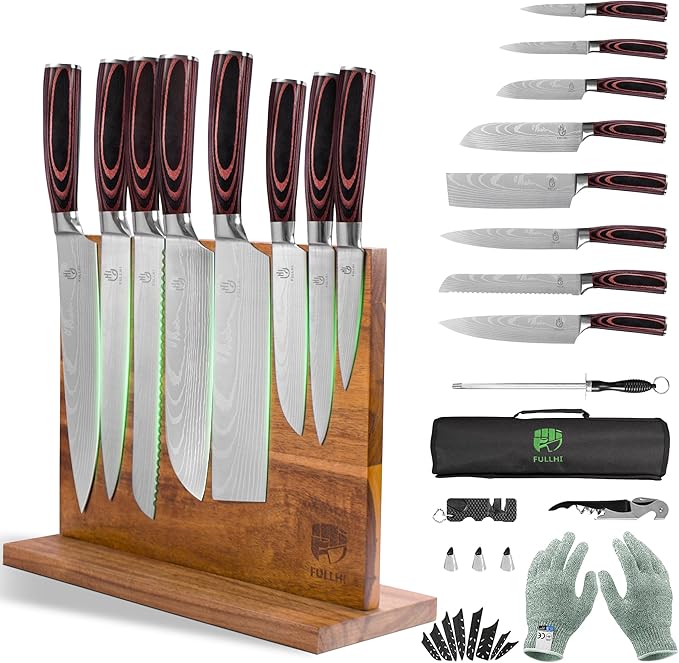 FULLHI 15pcs Japanese Knife Set with Magnetic Knife Block Holder, Japan Stainless Steel Blades, Ergonomic Handles for Professional and Home Cooking（Coffee wood, Magnetic Block Knife Set)