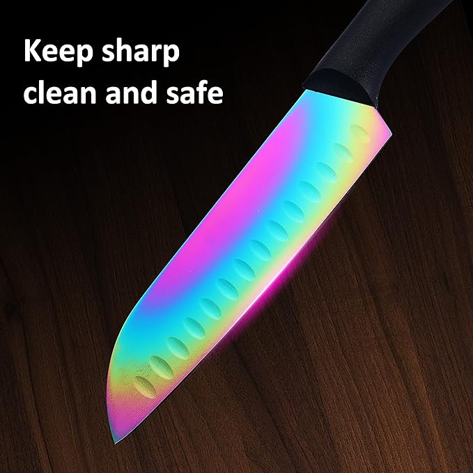Marco Almond Kitchen Knife Set, KYA36 12-Piece Rainbow Color Stainless Steel Chef Boxed Knives Set for Kitchen with Covers, 6 Knives with 6 Blade Guards, Black