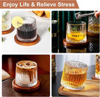Rotatable Old Fashioned Glass Cup, 10oz/275ml Crystal Whiskey Glass, Wood Coaster, Thickening, Used as Rum Glass, Cocktail Cup, Coffee, Milk to Relax and Reduce Stress, Ideal Gift, Christmas gifts