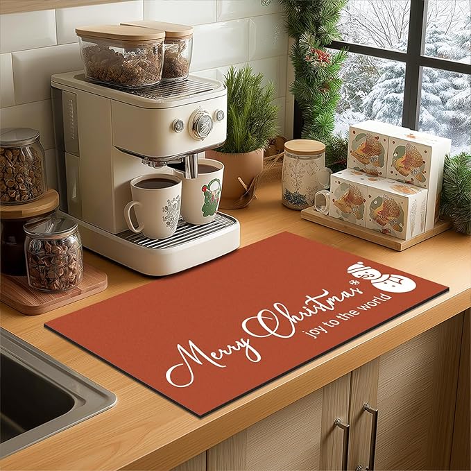 Findosom Christmas Dish Drying Mat, 12" x 20" Super Absorbent & Cuttable Dish Mat with Hello Sunshine Pattern, Hide Stain Drying Mat for Kitchen Counter Coffee Maker Dining Room Decoration, Red