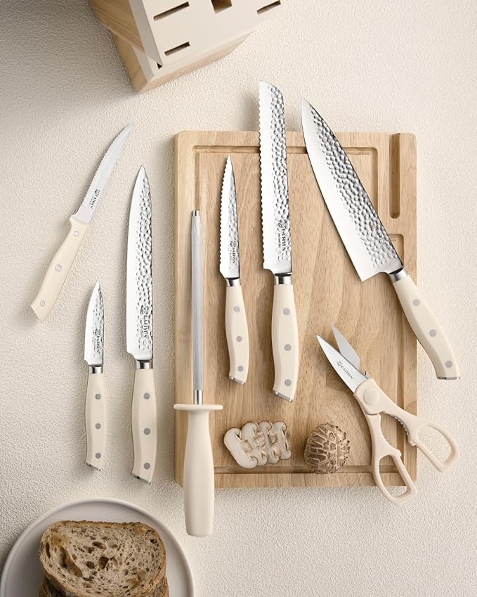 Kitchen Knife Set,14-Piece Knife Set With Block Wooden, Self Sharpening For Chef Knife Set, High Carbon German Stainless Steel Hammered Collection Knife Block Set, Dishwasher Safe Cutlery, Cream