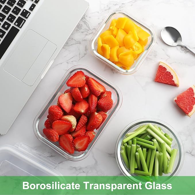HOMBERKING Glass Food Storage Containers with Lids, [18 Piece] Glass Meal Prep Containers, Airtight Lunch Bento Boxes, BPA-Free & Leak Proof (9 lids & 9 Containers) - Blue