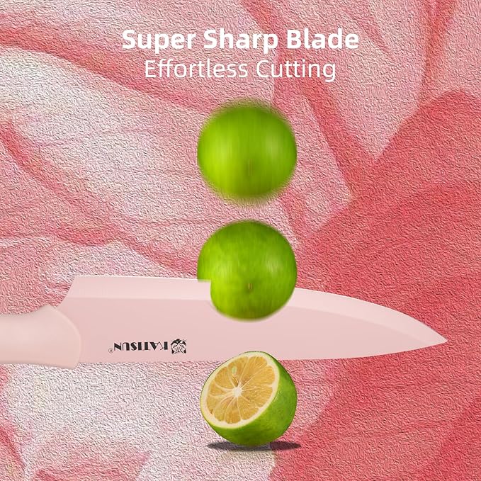 Kitchen Knife Set with Guards, 13 Piece Pink Non-Stick Boxed Knives Set, Anti-Rust and Dishwasher Safe, 6 Knives with 6 Blade Covers and Kitchen Shears