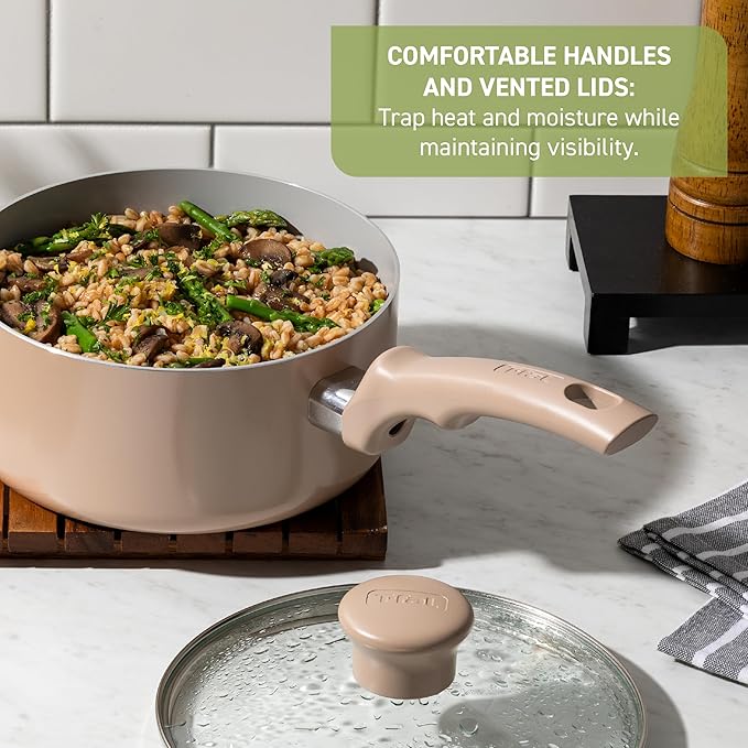 T-Fal Refresh Ceramic Nonstick Cookware Set, 20-Piece, Oven Safe to 350°F, Includes Stockpot, Griddle, Frying Pans, Utensils, Ceramic Pots and Pans Set, Blue