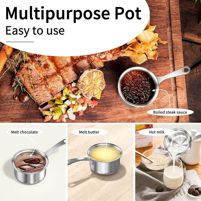 Macevia Mini Sauce Pan with Lid,Stainless Steel Butter Warmer Small Pot, For All Stoves Multipurpose Use for Home Kitchen or Restaurant - Silver