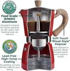 AGOGO Milano Moka Pot Stovetop Espresso Maker with 100 Paper Filters for Sediment-Free Coffee, Classic Italian Greca with Wood-Grain Handle,Cleaning Brush & Towel 6 Cup (10oz / 300ml) Red
