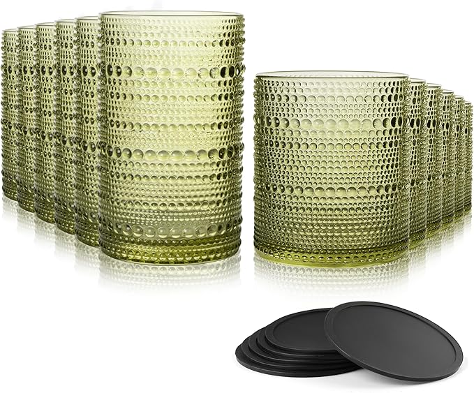 Hobnail Drinking Glasses Set of 12 Count, Vintage Glassware, Old Fashioned Glasses, 6 Highball Bubble Drinking Cups 14.5 oz, 6 Rocks Cups 10 oz with 6 Silicone Coasters, Green