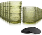 Hobnail Drinking Glasses Set of 12 Count, Vintage Glassware, Old Fashioned Glasses, 6 Highball Bubble Drinking Cups 14.5 oz, 6 Rocks Cups 10 oz with 6 Silicone Coasters, Green
