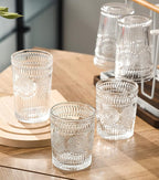 Kingrol Embossed Vintage Drinking Glasses Set of 6, 12 oz Textured Glass Tumblers, Clear Retro Water Glasses for Iced Coffee, Juice, Cocktails & Everyday Use