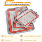 Baking Sheet Pan Set of 12, CEKEE Stainless Steel Cookie Sheets for Baking with Cooling Rack Silicone Baking Mat, Small/Quarter/Jelly Roll Pan, 9/10/12/16 Inch, Heavy Duty & Non Toxic & Easy Clean