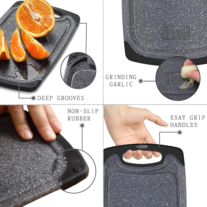 Viretang Plastic Cutting Boards Set of 3 Extra Large for Kitchen, Thick Chopping Board with Deep Juice Grooves, Non‑Slip Feet, Easy Grip Handle, BPA Free, Dishwasher Safe,Black