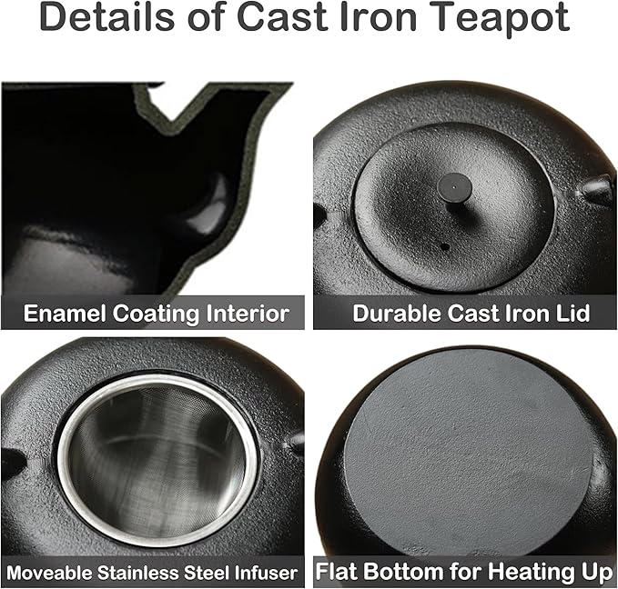 67.6oz Large Cast Iron Teapot and Cups Set, Black Enameled Tea Kettle for Stovetop, Heavy and Durable Tea Pot with Stainless Steel for Loose Tea, Chinese Tea Set for Gift, 2000ML