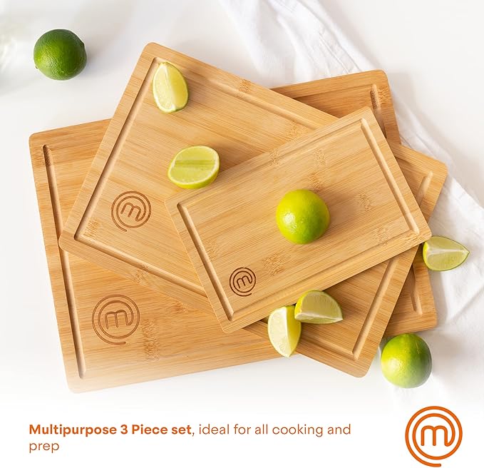 MasterChef Bamboo Cutting Boards for Kitchen, Wooden Cutting Board Set of 3, Natural, Organic & Food Safe Surface, Reversible Large, Medium & Small Wooden Chopping Boards with Juice Grooves