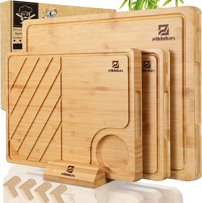 Piklohas Large Bamboo Cutting Boards Set of 4 for Kitchen, Bamboo Charcuterie Chopping Board with Holder Non Slip, Steak Serving Tray with Juice Groove, Big Butcher Block for Cheese, Ideal for Gift