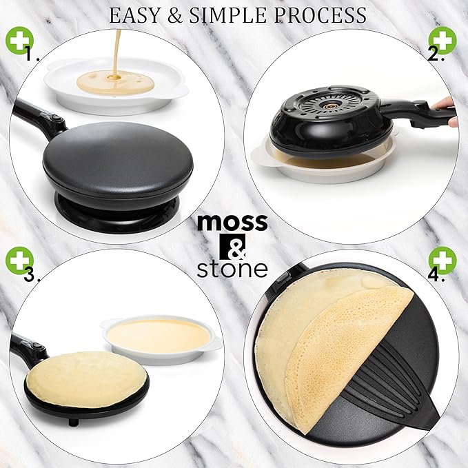 Moss & Stone Cordless Electric Crepe Maker With Auto Power Off, On/Off Switch & Dual Temperature Setting, 8 Inch Portable Crepe Maker & Non-Stick Dipping Plate, Nonstick Coating Pan