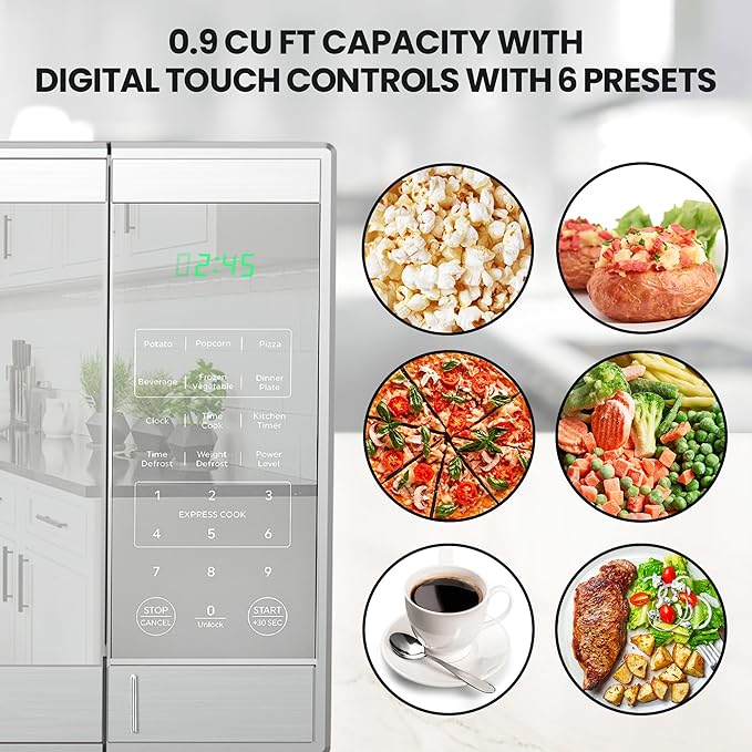Total Chef 0.9 Cu Ft Microwave Oven – Compact Countertop Kitchen Appliance, Small Stainless Steel Microwave with Digital Touch, Pre-Set Functions, 10.6” Turntable, 900 Watt