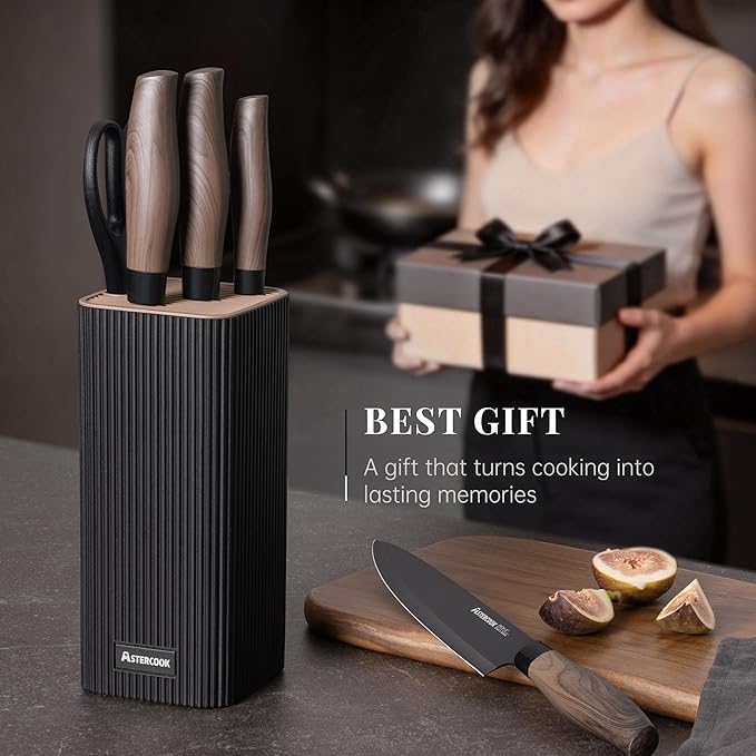 Astercook Knife Set, 6-Piece Kitchen Knife Set with Block, High Carbon Stainless Steel Ultra Sharp Kitchen Knives, Wood Grain Handle, Dishwasher Safe Knife Block Set, Black