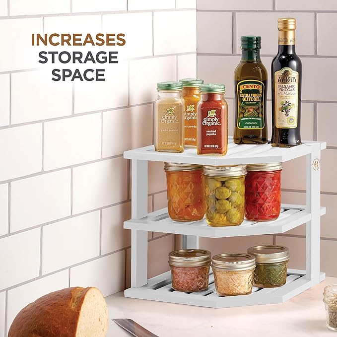 Bambüsi Plate Organizer for Cabinet - Corner Cabinet Organizer and Kitchen Cabinet Organizer Shelf, Kitchen Countertop Organizer for Plates, Dishes and Bowls, Space Saving Corner Rack, White