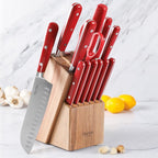MARTHA STEWART Eastwalk 14 Piece High Carbon Staineless Steel Cutlery Knife Block Set w/ABS Triple Riveted Forged Handle Acacia Wood Block - Red