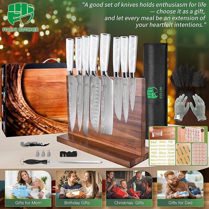 FULLHI 15pcs Japanese Knife Set with Magnetic Knife Block Holder, Stainless Steel Blades, White Resin Ergonomic Handles for Professional and Home Cooking