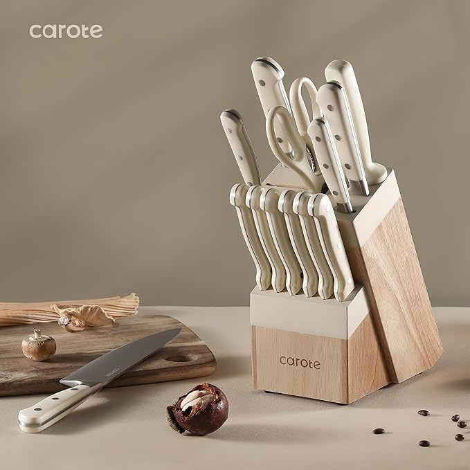 CAROTE 14 Pieces Knife Set with Block, Forged, High Carbon Stainless Steel Sharp Blade Block Knife Set, Dishwasher Safe Cutlery, Cream (Pack of 2)