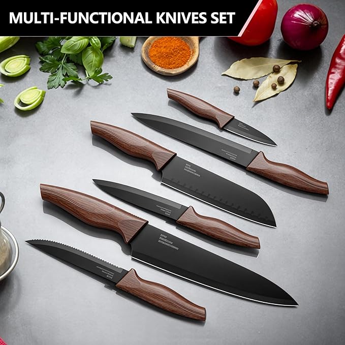 E-far Knife Set with Block, 15 Pieces Kitchen Knife Block Set with Sharpener, High Carbon Stainless Steel Sharp Chef Knife Set with Ergonomic Handles, Anti Rust, Walnut