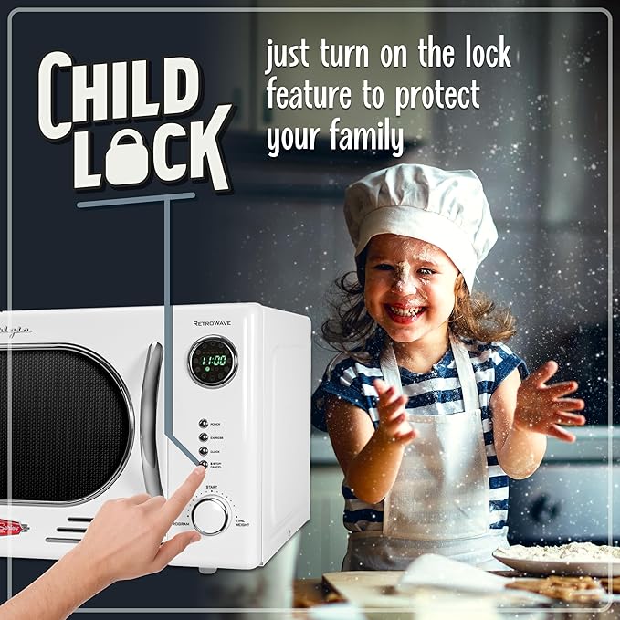 Nostalgia Retro Countertop Microwave Oven - 1.1 Cu Ft & 1000 Watt Power- Easy to Clean with Removable Glass Turntable - Child Safety Lock - 12 Programs - Digital Clock - White