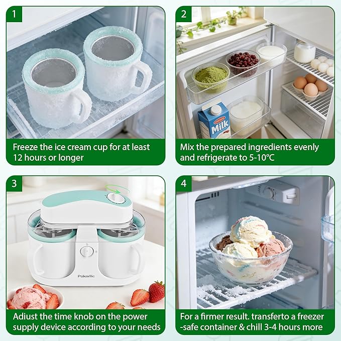Pukomc Ice Cream Maker Machine for Home Use, with Two Ice Cream Bowls,Simple Operation and Easy to Clean,White Green