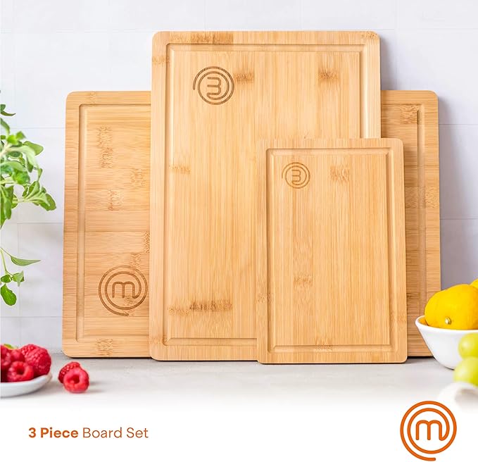MasterChef Bamboo Cutting Boards for Kitchen, Wooden Cutting Board Set of 3, Natural, Organic & Food Safe Surface, Reversible Large, Medium & Small Wooden Chopping Boards with Juice Grooves