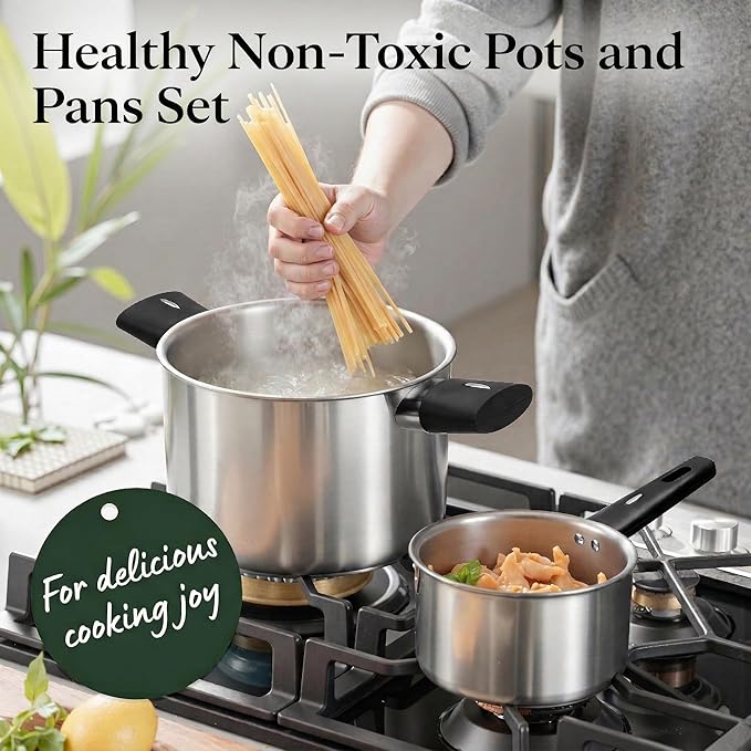 Meythway Stainless Steel Pots and Pans Set Non Toxic, 6PCs Kitchen Cookware Sets with Stay-Cool Handles, Dishwasher Safe&Compatible with All Stovetops(Gas,Electric&Induction)