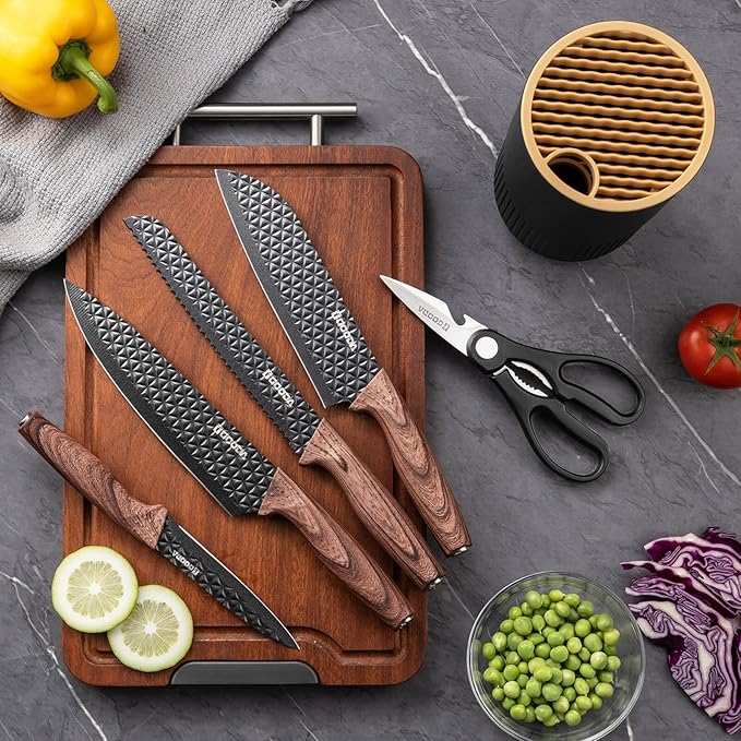 GOODA Kitchen Knife Set With Block,6-Piece Professional Chef Cooking Knives Set For Kitchen,Non-Stick Stainless Steel Knife Block Set