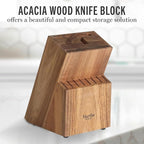 Martha Stewart Knife Block Set 16-Piece - Lockton High Carbon Stainless Steel Forged Full Tang Chef Knives, Acacia Wood Block, Triple Riveted Handles, Linen White & Gold