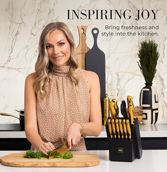 Styled Settings Gold Knife Set with Block & Built-In Sharpener – 14-Piece Full Tang Kitchen Knives Set – Gold Knives Set with Self-Sharpening Block, Titanium Knife Set with Black Block